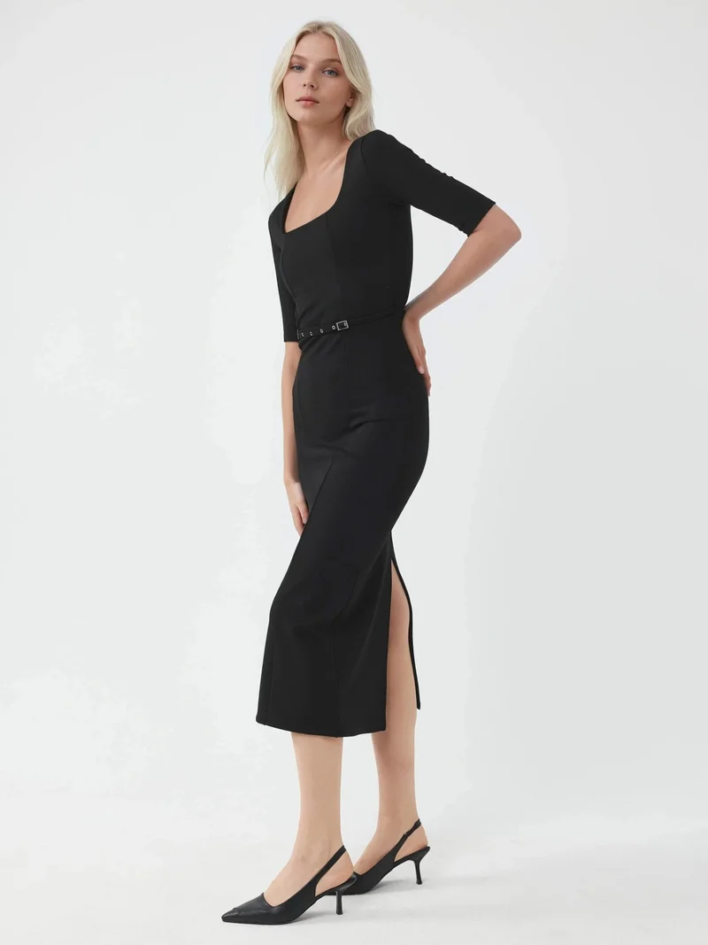 Busem Black BUSEM Belted Midi Dress with Square Collar for Women | Best Price UAE